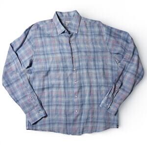 Peter Millar Seaside Crystal Beach Linen Sport Shirt Mens Size L Blue Plaid